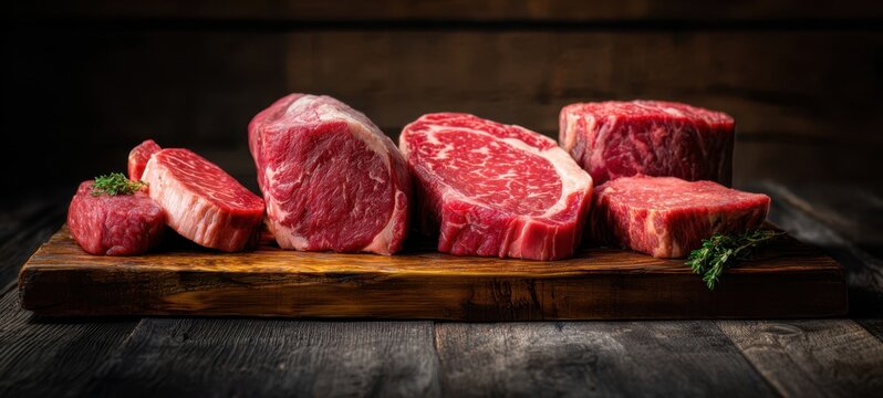 The selection of premium beef cuts on a rustic wooden board.