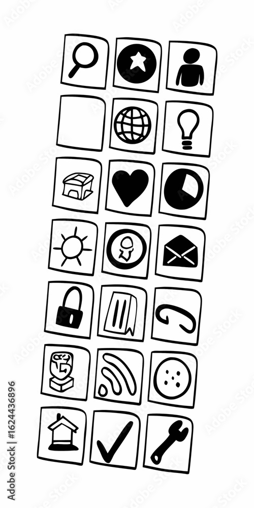 Aufkleber minimilist collection of hand drawn icons in a grid pattern representing various functions and appli