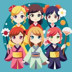 Happy cartoon family with a boy and girl, with their friends, showing different emotions and expressions, holding many gifts