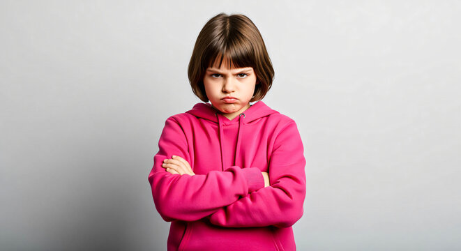 Upset little girl with crossed arms and a grumpy expression on a gray background, showing childhood emotions and attitude.