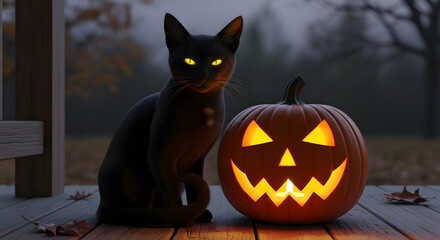Eerie night scene featuring a sleek black cat with piercing eyes guarding a carved pumpkin on the