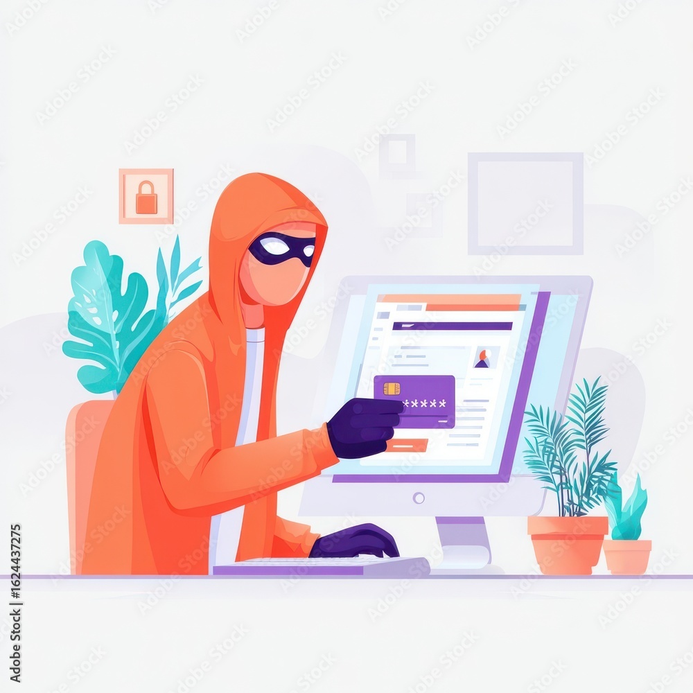 Poster incognito user concept. a hooded figure is using a computer, engaging in online fraud with a credit 