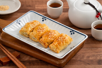 Delicious BBQ pork puff pastry dim sum food.