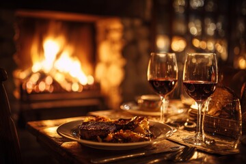 Set in a cozy location, a lovely dinner is enjoyed by the fireplace, featuring warm lighting and rich aromas. Red wine complements a hearty meal, creating a relaxing atmosphere