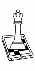 Minimilist a queen chess piece standing on a smartphone screen with a chess board pattern in black and white color vector