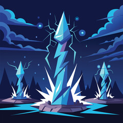 Vector cartoon winter landscape with Christmas trees, snow, and a snowman on a starry night, perfect for a holiday card or celebration background