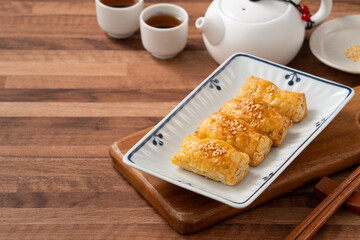 Delicious BBQ pork puff pastry dim sum food.