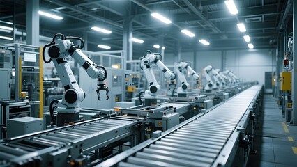 Automated Factory Line with Robotic Arms and Conveyor Belts