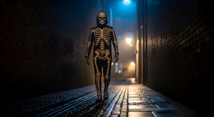Mysterious skeleton figure walking in a dark urban alley at nighttime capturing the essence of