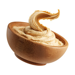 Swirled creamy hummus in wooden bowl, isolated on white transparent background. Concept of healthy vegan food and dip.