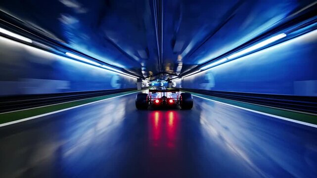 Dynamic rear shot of a race car speeding through a tunnel, with motion blur and vivid lighting, capturing a cinematic video game style. Live desktop wallpaper.
