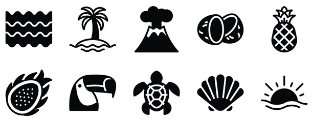 Tropical Icon Set Solid Style Collection representing exotic nature beach elements and warm climates suitable for travel apps vacation branding and summer-themed projects