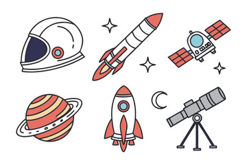 Celestial Explorers: A collection of meticulously crafted illustrations unveils a realm of celestial wonders, featuring a sleek spacecraft, futuristic helmet, planetary rings, and advanced telescope. © Atiya