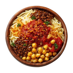 Koshari Egyptian street-style layered dish spaghetti topped with chickpea tomato sauce and herbs in wooden bowl, isolated on white transparent background, concept of healthy meal