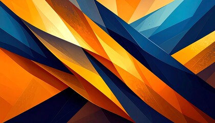 Abstract artwork with intersecting, sharp-edged shapes in shades of orange and blue