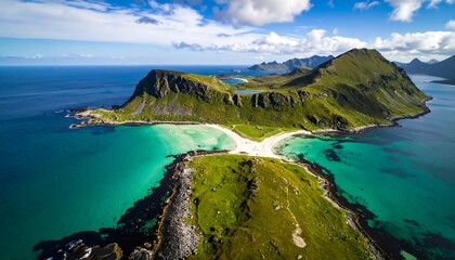 Aerial view of tropical turquoise sea and green mountain landscape in Norway