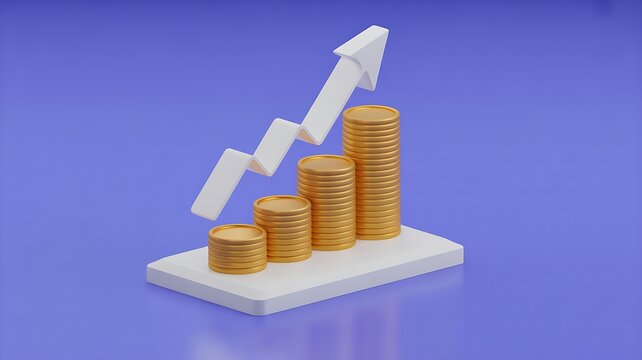 3d isometric financial growth chart with rising arrow and stacked coins - Powered by Adobe