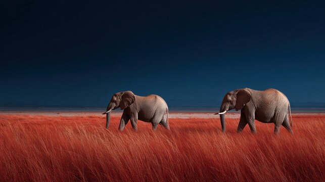 Two elephants traverse a field of red grass under a dark blue sky