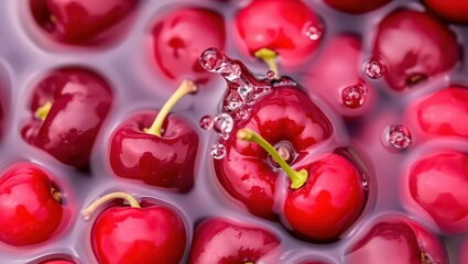 A close up shot of fresh cherries floating in water with water droplets creating a splash effect