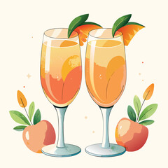 Two fresh glasses of sparkling champagne with fresh strawberries and sliced oranges
