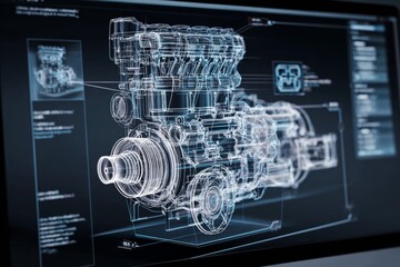 Close view of a rotating 3D model of a car engine displayed on a computer screen with technical annotations highlighting critical components and features, showcasing intricate design details