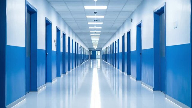Empty Bright Hospital Corridor with Blue Walls and Reflection