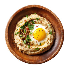 Ful Medames Middle Eastern fava beans stew topped with sunny side egg, cumin, parsley isolated on white transparent background, concept of healthy breakfast