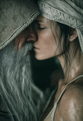 Woman kissing an old man