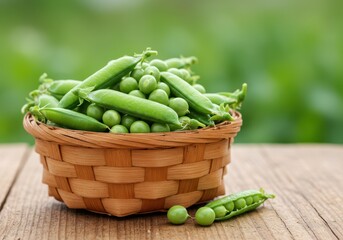 Fresh green peas in wooden basket on rustic table with blurred green background, showcasing vibrant color and natural organic detail for culinary use.