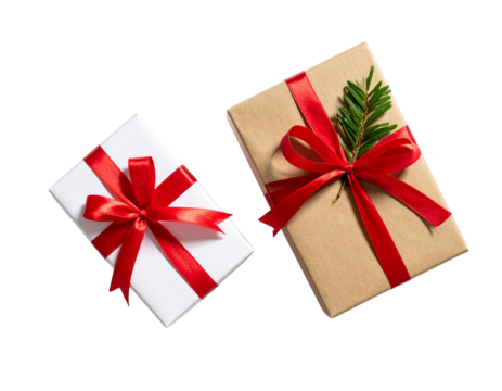 Two Wrapped Christmas Gifts with Ribbons, Top-Down Flat Lay, Neutral Background, Transparent PNG