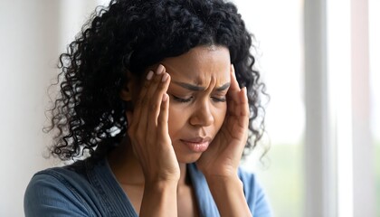 Close-up of a woman with curly hair, eyes closed, and hands on temples, expressing discomfort or pain
