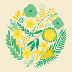 Colorful flowers and leaves create a vibrant floral vector illustration, perfect for summer or spring pattern designs