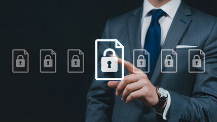 Businessman selecting secure digital document, safeguarding sensitive data with cutting edge technology