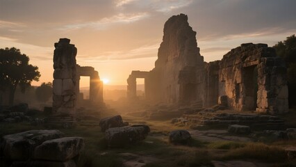 Ancient Ruins at Sunset with Misty Atmosphere