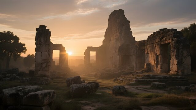 Ancient Ruins at Sunset with Misty Atmosphere