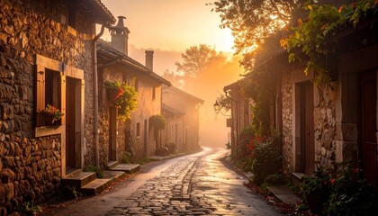 Fototapeta premium A charming cobblestone street in a European village bathed in the warm glow of sunrise, with stone buildings and lush greenery.