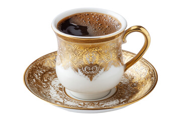 Golden coffee cup with intricate patterns filled with Arabic cardamom spiced dark coffee Qahwa placed on saucer isolated on white transparent background