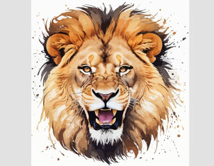 The lion is shown in a powerful, striding pose, with one front paw lifted as if in motion 