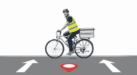 Obraz premium A delivery person on a bicycle, wearing a safety vest and helmet, delivers to a pharmacy.