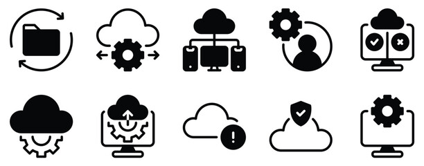 Cloud Algorithm Icon Set Solid Style Collection representing data processing cloud computing and automated systems suitable for tech platforms software development and IT infrastructure solutions