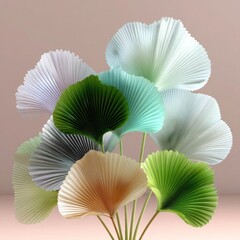 3D Render of Tropical Leaf Cluster Arranged as Handheld Fan with Glass, Paper, and Brushed Metal Materials – Isolated on White Background with Soft Lighting