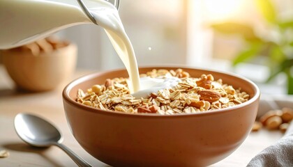 A stream of fresh milk cascades into a rustic brown bowl filled with crunchy granola and wholesome almonds, illuminated by warm morning light.
