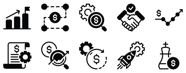 Business Development Icon Set Solid Style Collection representing growth strategy and corporate planning suitable for startups marketing teams and enterprise solutions