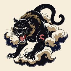 Vector art illustration of a black cat silhouette with tribal swirls and a stylized woman's face design