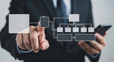 businessman show diagram algorithm flow, organigram, and hierarchy scheme. design workflow automation with flowcharts. model structure digital and data management and Business process