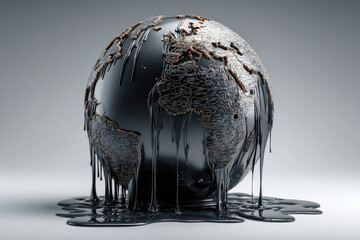 Melting Earth globe covered in black crude oil on solid background. Environmental pollution, climate change and ecological disaster concept