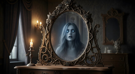 Ethereal presence captured in antique mirror, illuminated by candlelight in dim room evokes