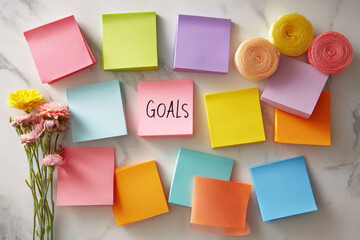 Flat lay of colorful sticky notes on light background with one pink note displaying word GOALS