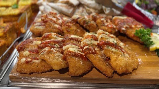 Crispy chicken parmesan with melted cheese and marinara sauce in buffet display setting.
