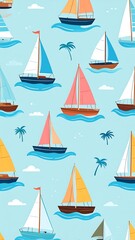 Colorful sailboats float on a light blue sea with scattered clouds and palm trees